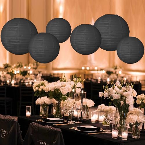 Image of Paper Lanterns Party Decorations 6 PCS Black Round Hanging Lanterns Chinese Japanese Paper Lantern Lamp for Wedding Graduation Birthday Baby Shower Anniversary Retirement Party