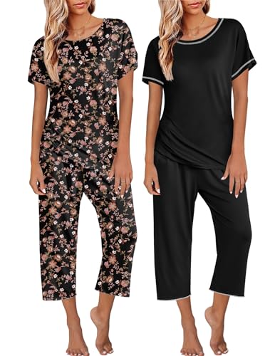 Image of Ekouaer 2 Pack Womens Pajamas Sets Short Sleeve Tops and Capri Pants Pjs Colorful Printed Sleepwear Sets