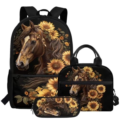 Brown Horse Backpack for School Girls 7Th Grade Sunflower Rucksack Preschool Elementary Middle Bookbag Lightweight Children's School Bag Back to School 3 in1 Set
