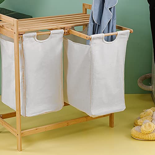 Bellglee Laundry Hamper With Shelf, 2 Sections Wooden Laundry Basket With Sliding Removable Bags, Bamboo Wood Laundry Organizer With Double Compartments, Laundry Sorter With Handles #TOP2