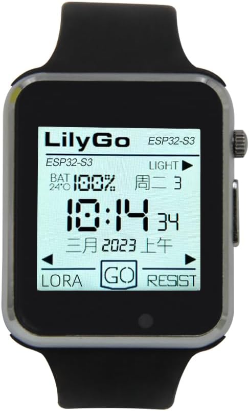 LILYGO T-Watch-S3 display showing time, battery, and LORA status.