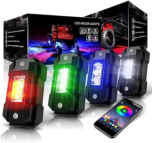 Vosuid R4 RGBW LED Rock Lights Kit 4Pods with Bluetooth APP Controller for Trucks Je-ep Off Road RZR ATV Super Bright Brake Light Underbody Multicolor Neon Lights Waterproof Shockproof