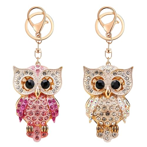 Magnoloran 2Pcs Crystal Owl Keychain Rhinestone Keyring Bag Pendant Handbag Purse Charm Metal Alloy Key Ring for Car Key Bag