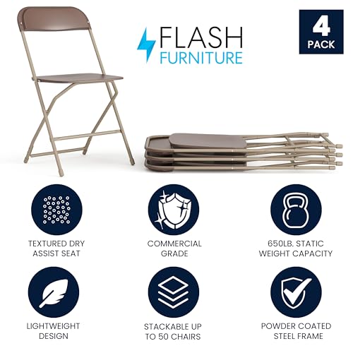 Image of Flash Furniture Hercules Series Plastic Folding Chair - Brown - 4 Pack 650LB Weight Capacity Comfortable Event Chair-Lightweight Folding Chair