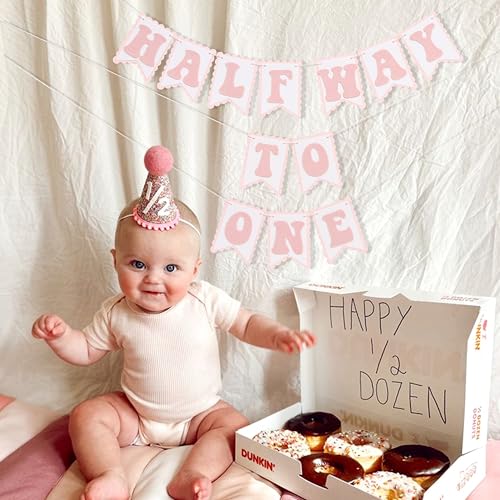Image of Half Way To One Pink Banner - Sweet 6 Months Birthday Decorations,Pink Cake Smash Photo Backdrop,Little Princess 1 /2 Birthday Party Banner,Home Wall Mantel Hanging Garland.