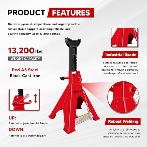 VONLX Car Jack Stands 6 Ton Adjustable Auto Floor Jackstands with Double Locking and Large Foot Base for Lifting SUVS, Heavy Duty Carbon Steel 13,200 lb Capacity 2 Pack by VONLX - Image 2