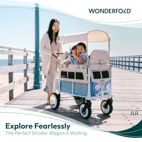 wonderfold volkswagen double stroller wagon 2 seater - foldable wagon stroller with classic vw bumper headlights and retro all-terrain xl wheels bondi blue