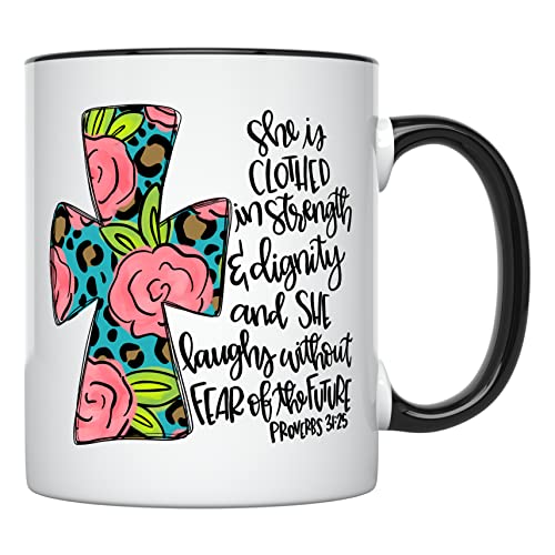 YouNique Designs She is Clothed with Strength and Dignity Christian Mug, 11 Ounces, Scripture Coffee Mug for Women, Christian Cups, Christian Coffee Mugs for Women (Black Handle)