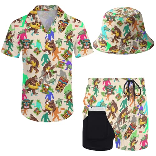 Wilumi Mens Funny Animal Hawaiian Shirts 3 Piece Set with Shorts & Bucket Hat Sasquatch Float Design m