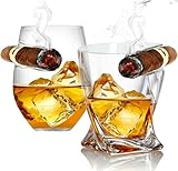 Bezrat Whiskey Cigar Glasses - Set of 2 - Old Fashioned Whiskey Tumbler With Side Mounted Holder Cigar Rest - Father's Day Gift - Dad, Husband, Grandpa, Brother