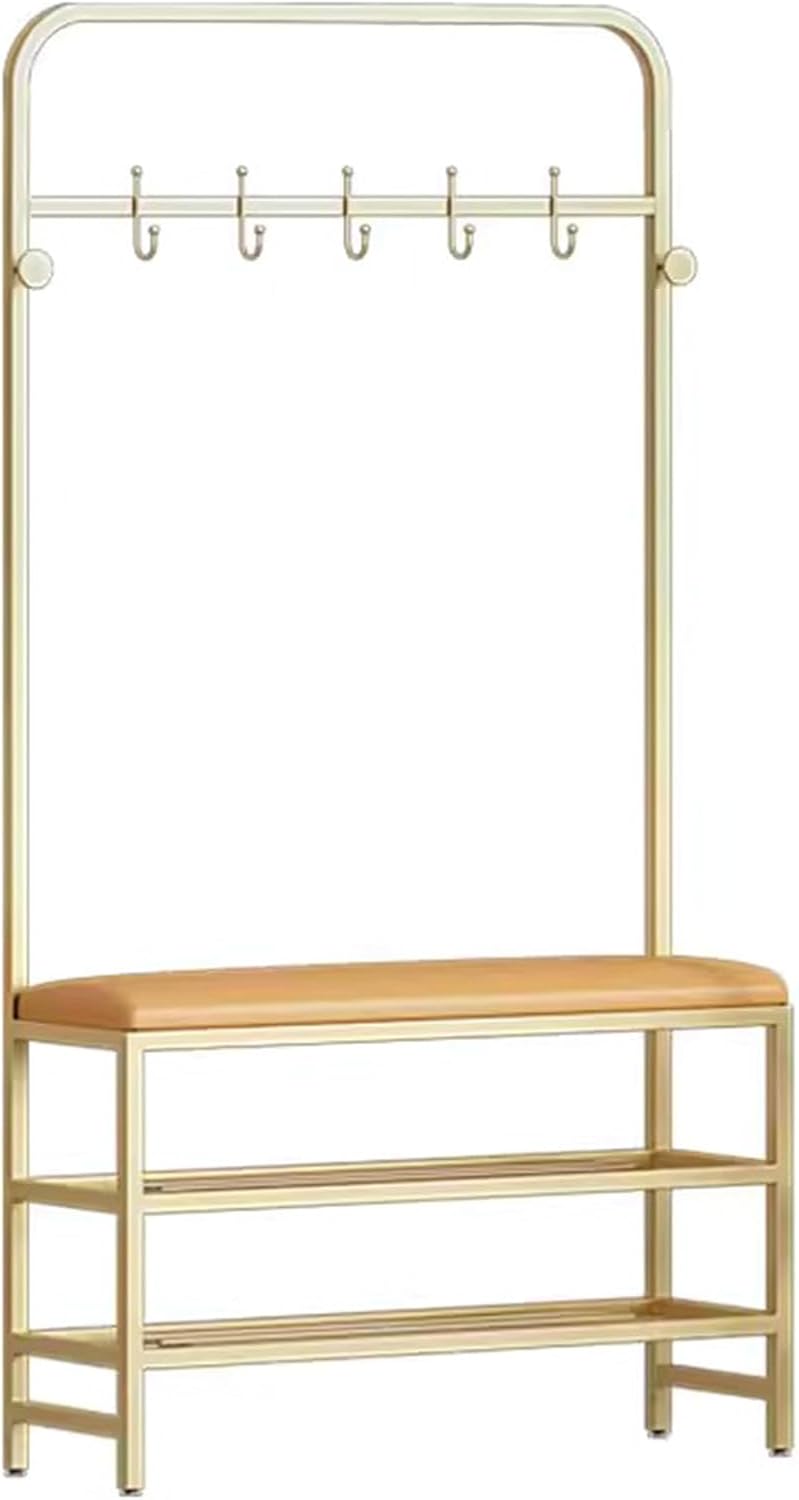 Hall Tree with Storage Bench and Coat Rack, Freestanding Shoe Storage Organizer with PU Leather Seat, Metal Frame Entryway Furniture. (Orange Gold 80 x 25 x 170 cm)