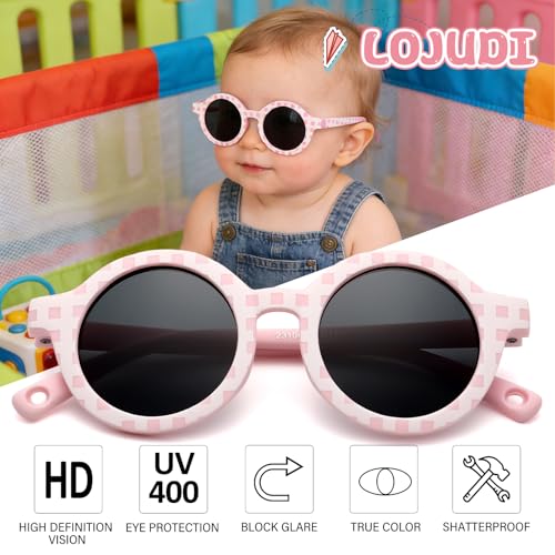 LOJUDI Polarisierte Baby Sonnenbrille 0-36 Monate - mit Band Verstellbar Silikon Rund Rahmen UV Schutz für KleinKind 0-3 Jahre -Rosa/Schwarz
