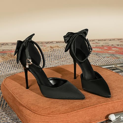 Women's Black Bow Stiletto High Heels Sexy Closed Pointed Toe Ankle Strap Pumps Party Evening Dress Shoes3