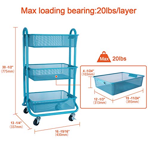 DESIGNA 3-Tier Metal Mesh Utility Cart, Rolling Storage Art Carts with Handle, Bathroom Craft Supply Carts with Wheels, Turquoise