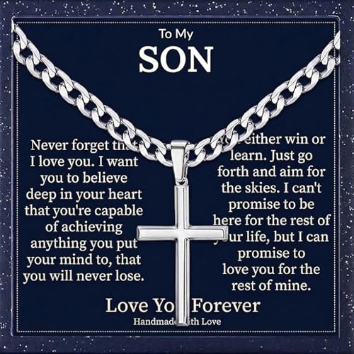 Ringcal Cross Necklace for Men with Gift Box Silver Gold Stainless Steel Cross Pendant Necklace Mens Crucifix Chain Necklace (Silver for Son 24inch)