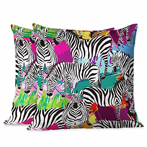 Beabes Throw Pillow Covers Black White Zebra Tropical Jungle Colorful Painting,Set Of 2 Square Decorative,Cushion Pillows Cover For Couch And Bed For Men/Women 18X18 Inch #TOP20