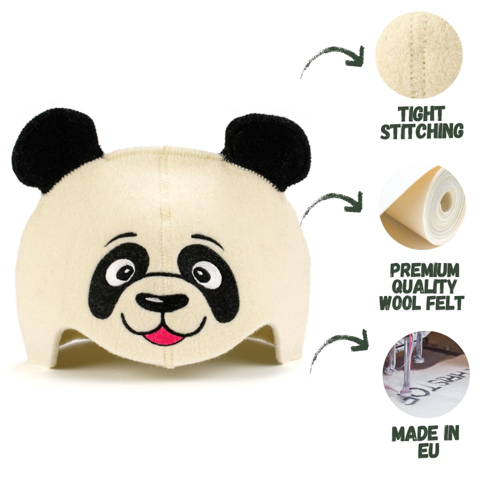 Saunahut 'Sauna Panda' White - 100% organische Wollfilzmützen - Schützen Sie Ihren Kopf vor Hitze - Englische Sauna E-Book Handbuch inklusiv - mit Stickerei