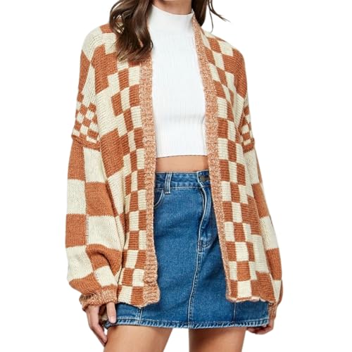 Womens Plaid Sweater Cardigan Checkered Button Down Contrast Long Sleeve Coats Cable Knit Oversized Sweaters Tops