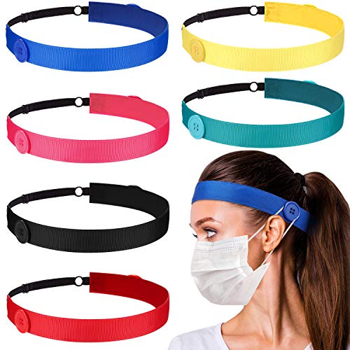 6 Pieces Headband with Buttons Ear Protection Holder Yoga Sports Hairband for Women (Black, Rose Red, Dark Blue, Dark Green, Red, Yellow)