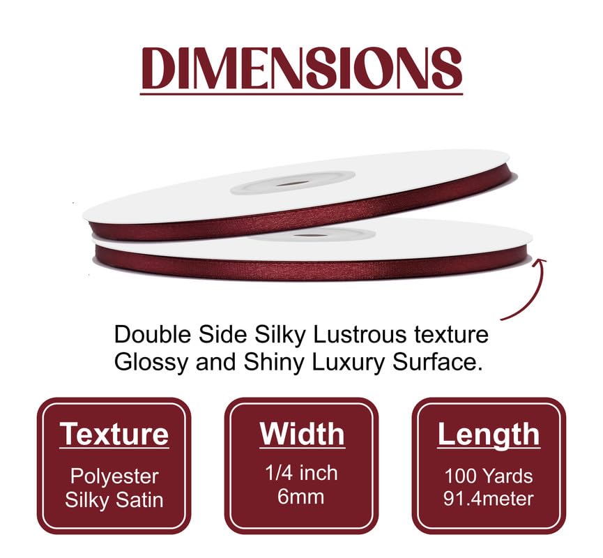 TOWNBUS - 6mm Burgundy | 100 Yards | Double Face Satin Polyester Ribbon | Fabric Tape for Gift Wrapping,Scrapbooking, Flower Bouquet, Arts and Crafts, DIYs