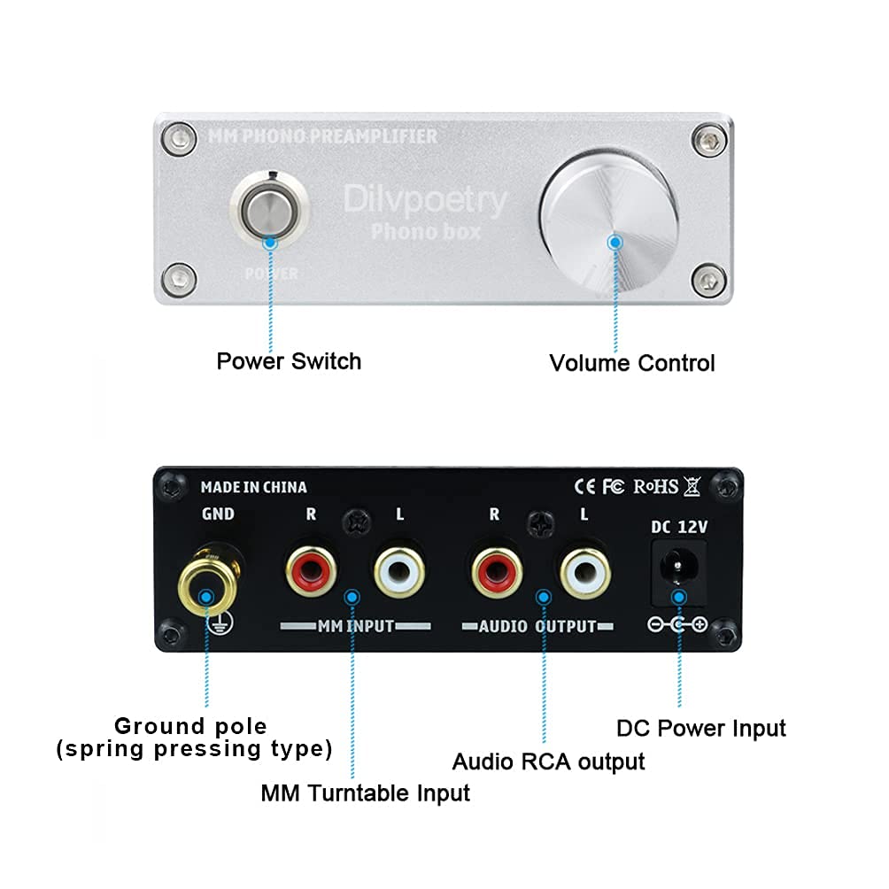 Dilvpoetry Phono Box MM Phono Preamplificatore HiFi Audio AMP Giradischi Amplificatore Fonografo Pre-amp DC12V Nero