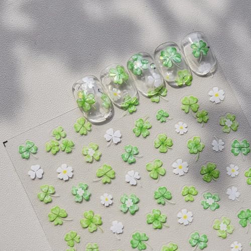 Spring Nail Stickers Lucky Shamrocks for Nail Art 5D Embossed Nails Decals Green Clover Nail Art Stickers Green Nails Design for Women Holiday Decorations Supplies