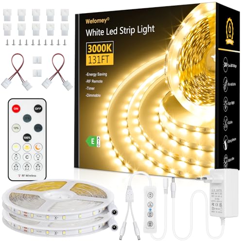 Wefomey LED Strip 40M Warmweiss, LED Streifen Warmweiß 3000K Dimmbar, 24V Selbstklebend 2835 Weiß Flexible DIY LED Lichtband 1920 LEDs, mit Netzteil und RF Fernbedienung für Innen Heim Küche Deko