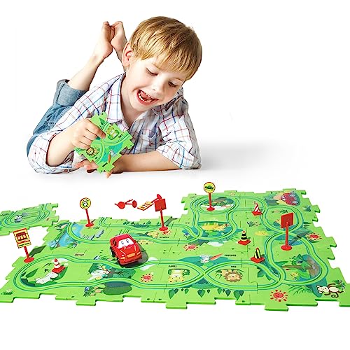 KADAYAYA Plastic Puzzle Track Play Set for Kids 4-6 Years Old Rail Car Track Jigsaw with Racer Vehicle for Boys Girls Age 3-5 Educational Montessori Track Toy Gifts for Toddler Boys Girls 3 4 5 6