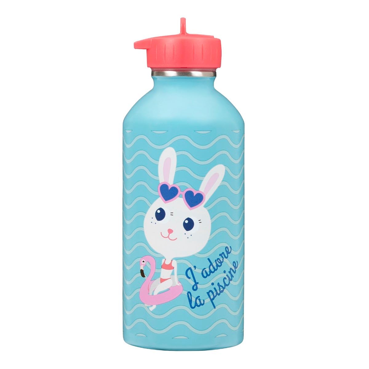 Draeger Paris Stainless Steel Children's Water Bottle – Easy to Clean – Reusable Drinking Bottle – Ideal for Park, School – Capacity 300 ml – 17 cm x 6.5 cm – Blue – Message Reading: J'adore La