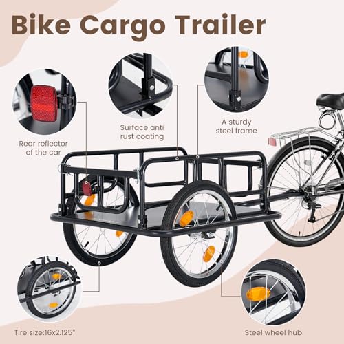 H&ZT Bike Cargo Trailer, 2 Tow Bars Included, 176 lb Load Capacity, 16″×2.125″ Pneumatic Wheels, Quick-Attach Pin Release Hitch, Anti-Rust Steel Frame with Reflectors