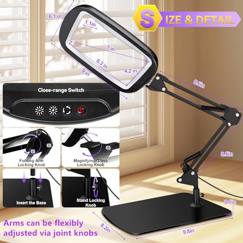 7" HQGZQL 10X/30X LED Magnifying Glass Lamp w/ Flexible Swing Arm & Dimmable Light (Black) - image 7