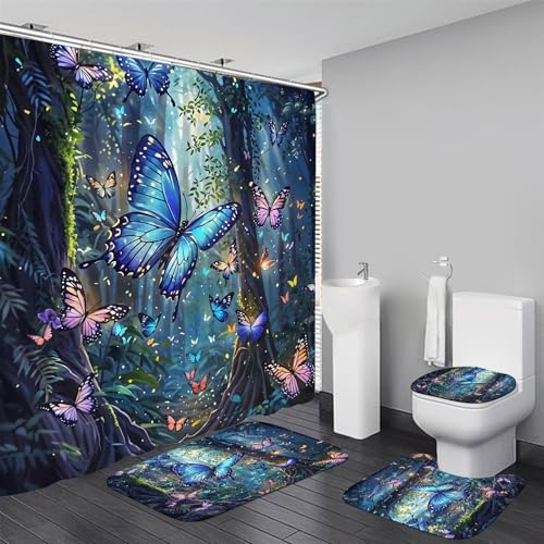 DDQQ 4 Pcs Blue Butterfly Shower Curtain Set with Non-Slip Rug, Green Plant Colorful Butterflies Bath Mat and Toilet Rugs, Forest Shower Curtain for Bathroom Set Decor