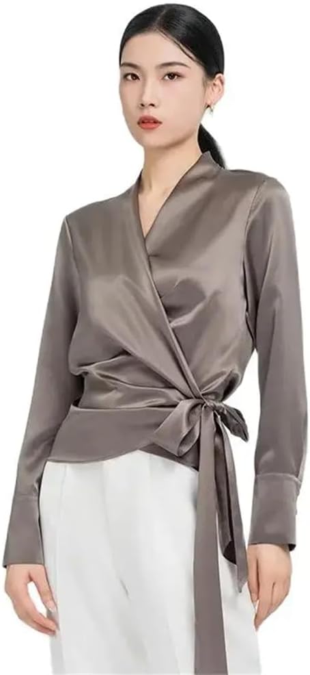 Generic Office Lady Silk V-Neck Lace Up Long Sleeve Shirts Solid Color Business Work Blouse