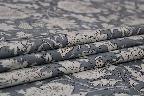Image of Indian Hand-Block Printed Jaipuri Flower Print Floral Ethnic Sanganer Kurti Print Cotton Fabric (3 Yards, White Gray Flower)