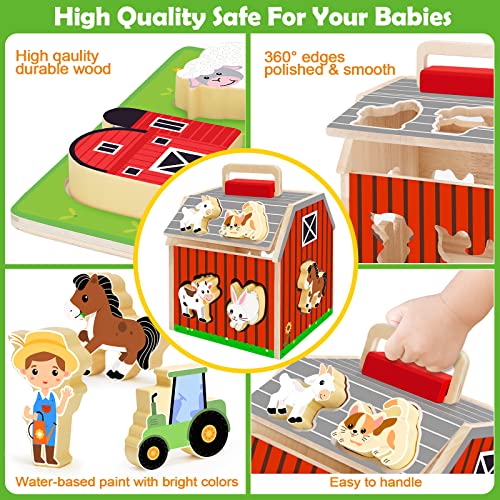 Wooden Farm Animals Toy For Kids, Take-Along Sorting & Stacking Barn Toy With Chunky Puzzles, 16 Wooden Farm Pieces, Learning Toys For Toddlers 1-3, Ideal Gifts For 1 2 3 Year Old Baby Boys And Girls #TOP6