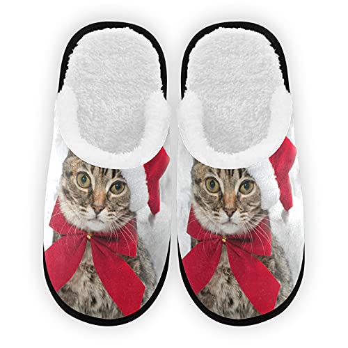 Christmas Cat Mens Slippers, Soft Memory Foam Non-Slip Indoor House Slippers Home Shoes for Bedroom Hotel Travel Spa