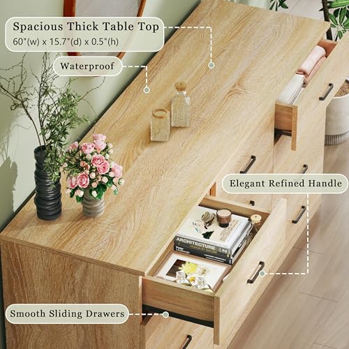 Image of 60 Inch 12 Drawer Dresser for Bedroom, Long Mid Century Modern Dressers, Wood Vintage Chests of Drawers TV Stand up to 65 inch, Large Storage Organizer for Bedroom, Closet, Entryway, Natural