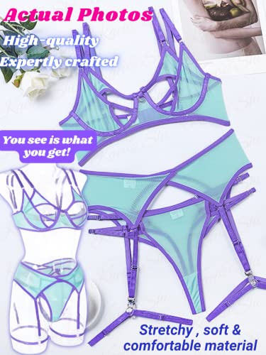 Kaei&Shi Garter Lingerie For Women, Contrast Color Strappy Cutout Sheer Mesh Sexy Lingerie, Underwire Double Layer Elastic Thong Thigh Strap Belt 4 Piece Lingerie Set Boudoir Seafoam Green Medium #TOP1