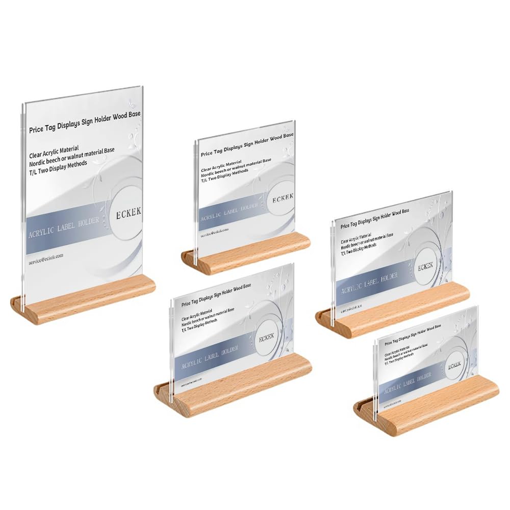 ECKEK 2 Pack Acrylic Label Holder Price Tag Displays Sign Holder Data Card Holder Wood Base Table Top Sign Stand (Beech 90*55mm/3.54x2.17 inches)