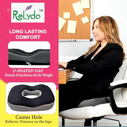 Image of Donut Pillow | Tailbone Pain Relief Cushion | Coccyx Cushion for Tailbone Pain | Sitting Pillow for Sciatica, Hemorrhoids | Piles Pillow for Sitting | Memory Foam Seat Cushion | Black Grey