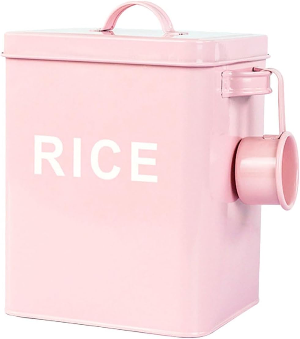 Pet Food Storage Bucket Airtight Sealed Iron Pet Food Barrel with Measuring Cup Pink Moisture-proof Rice Storage Bin for Cats and Dogs Household Use