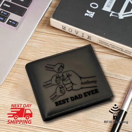 Custom Man Wallet With Kids Names Engraved For Fathers Day Gift, Funny Gift For Fathers, Dads And Kids Names Engraved Personalized RFID Blocking Wallet, Customized Laser Engraved Man Wallet4