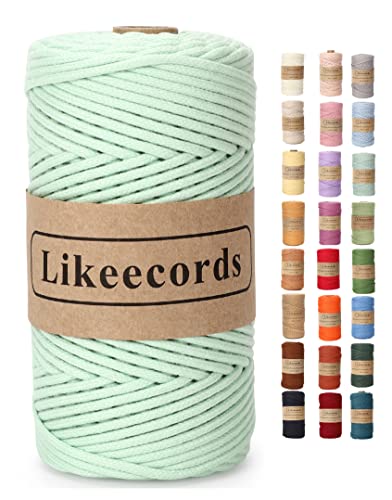 Likeecords Braided Macrame Cotton Cord 3Mm X 109Yards,Macrame Rope, 100% Natural Cotton Rope Macrame String,Colorful Cotton Craft Cord For Bag,Wall Hanging, Plant Hangers, Knitting (Light Green) #TOP5