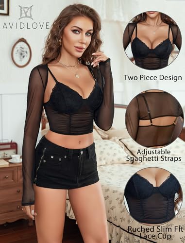 Avidlove Mesh Crop Top with Shrug Long Sleeve Sheer Top Sexy Low Cut Shirt Going Out 2 Pieces Clubwear2