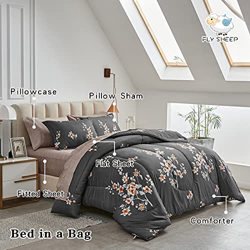 7 Pieces Bed In A Bag Queen Comforter Set With Sheets, Dark Grey Floral Design Soft Microfiber Bedding Sets For All Season (1 Comforter, 2 Pillow Shams, 1 Flat Sheet, 1 Fitted Sheet, 2 Pillowcases) #TOP4