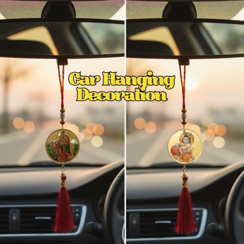 Image of Radha Krishna Car Hanging with Bal Gopal Dual Side Gold Glossy Spiritual Locket for Car Rear View Mirror Decor 13 Inch