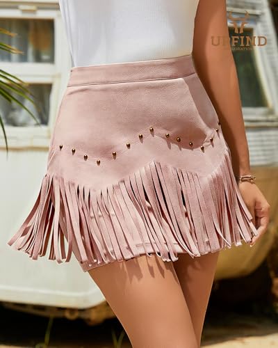 Image of Women Faux Suede Fringe Mini Skirt Western Cowgirl Skirts