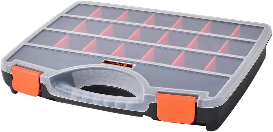 Tactix Hardware Organizer box with dividers 12 Inches, 21 Compartments For Small Parts with Durable Latches, Store Nuts, Bolts, Screws, Nails, & Small Hardware- 320018