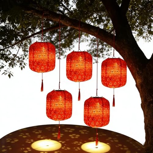 Huanyuedouer 5PCS Paper Lanterns Red with LED Lights Cute 6 Inch Lantern Colorful Hanging Paper Lanterns Lamp for Lunar New Year Spring Ceremony Wedding Mid-Autumn Party Decoration