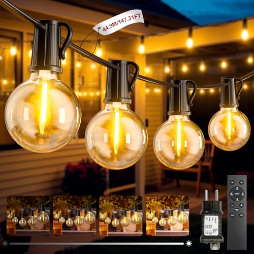FIFlying Guirnalda Luces Exterior, 44.9M/147Ft Guirnaldas de Luces Exterior con 65+2 G40 Bombillas, 3 Modos IP44 Impermeable Luces Led Interior con Enchufe para Jardín, Patio, Café, Fiesta, Terraza
